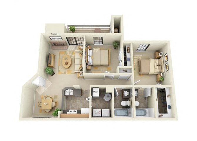 Floor plan for 2 beds, 2 baths, 885 sqft